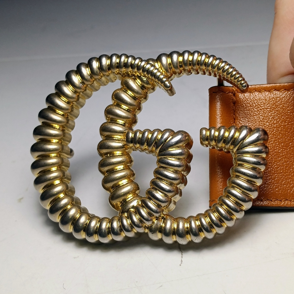 NEW GUCCI GG WIDE BELT GOLD-TONE TORCHON BUCKLE COGNAC/BLACK LEATHER SZ 36/90 - Picture 12 of 16